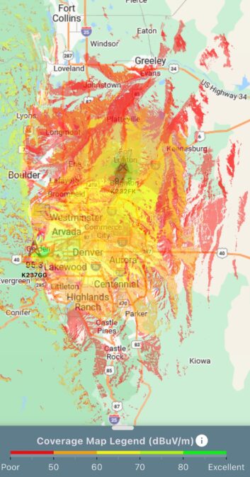 The Longley-Rice model coverage area of KLVZ's 95.3 and 94.3 translators, from the RadioLand app.